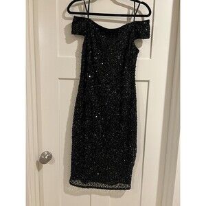 Adrianna Papell Womens Black Sequin Off The Shoulder Mini Dress Size 10